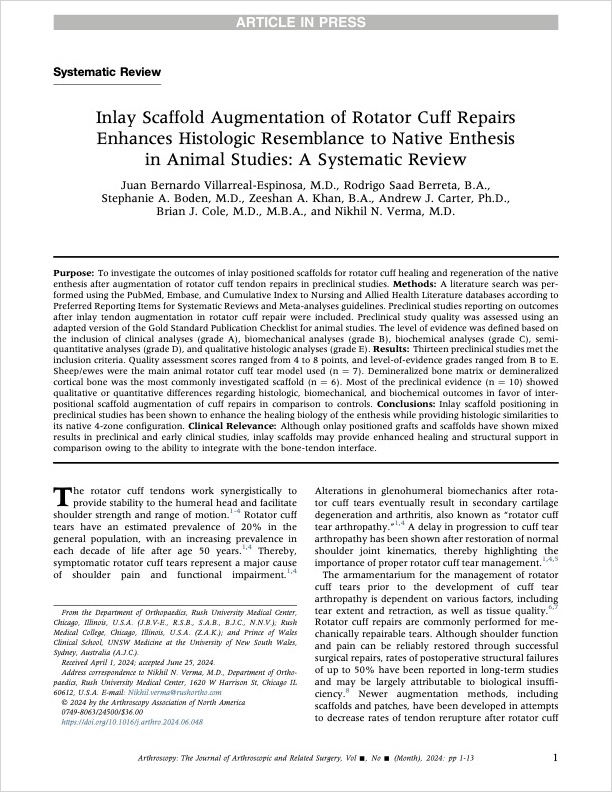 Inlay Scaffold Augmentation of Rotator Cuff Repairs Enhances Histologic Resemblance to Native Enthesis in Animal Studies: A Systematic Review