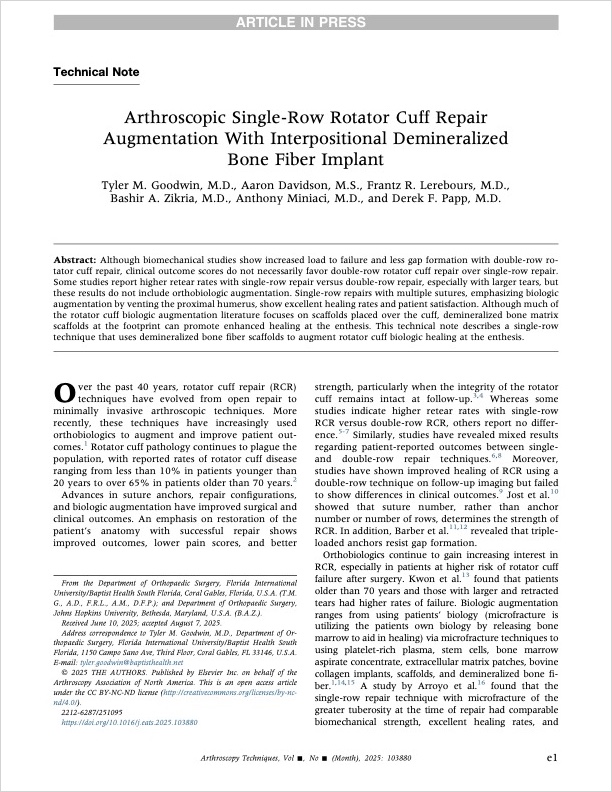 Papp - Arthroscopic Single-Row RC Repair Augmentation with Interpositional DBF Implant